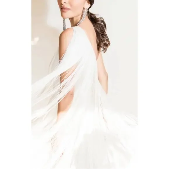 NO PISE LA GRAMA Cascada One Shoulder Fringe Satin White Mini Dress Sz 0 - Picture 4 of 11